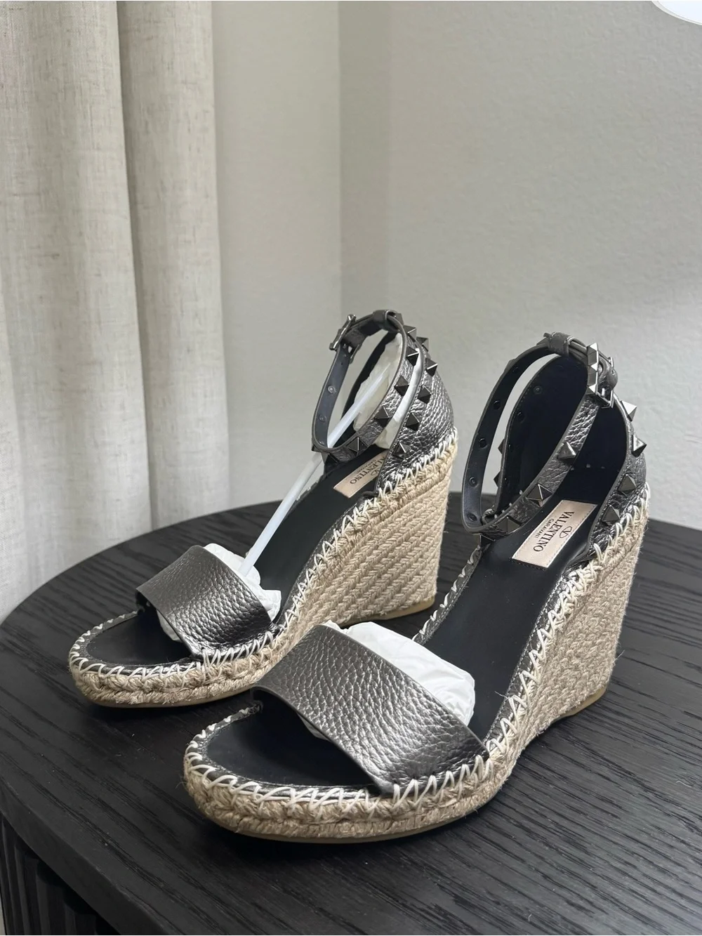 Valentino Garavani Rockstud Espadrille Wedge Sandals Silver Gray 39